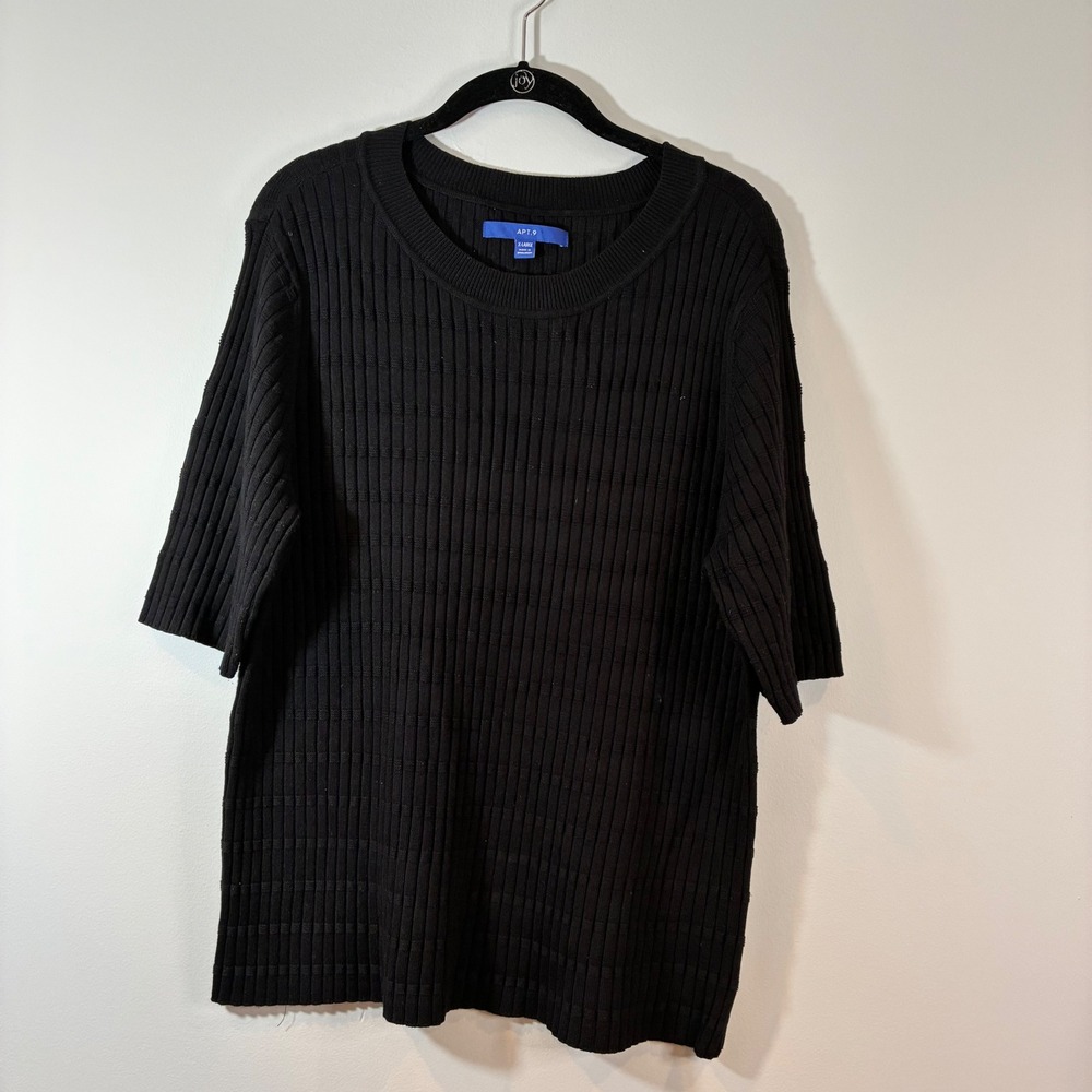 Apt. 9 Ribbed Knit Top Short Sleeve Knit Tunic Casual Everyday Black X-Large